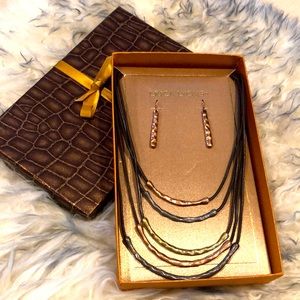 ERICA LYONS THREE TONE EARRINGS AND CORDED NECKLACE SET NEW IN BOX